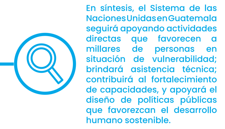 En síntesis, el Sistema de las Naciones Unidas en Guatemala seguirá apoyando actividades directas que favorecen a millares de personas en situación de vulnerabilidad; brindará asistencia técnica; contribuirá al fortalecimiento de capacidades, y apoyará el diseño de políticas públicas que favorezcan el desarrollo humano sostenible.