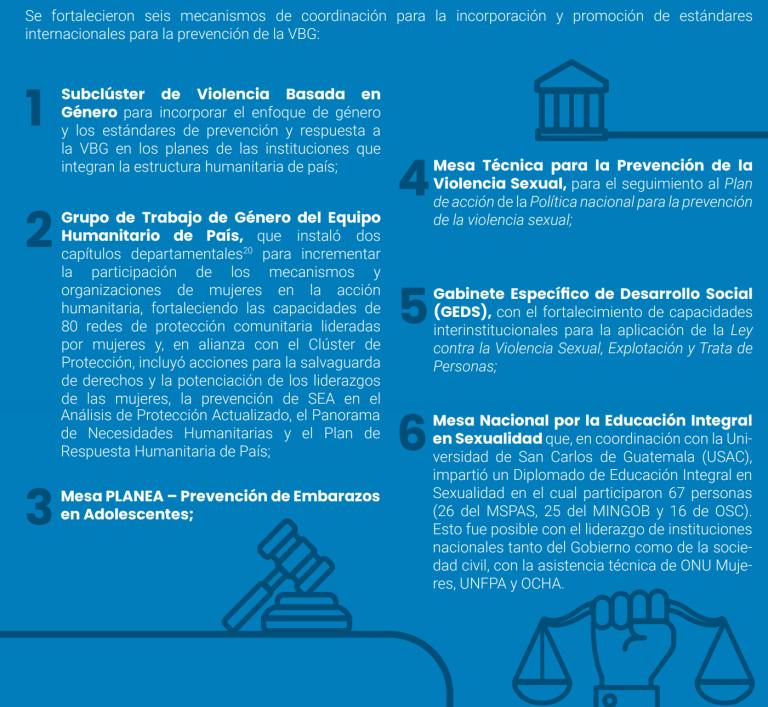 Se fortalecieron seis mecanismos de coordinación para la incorporación y promoción de estándares internacionales para la prevención de la VBG: 